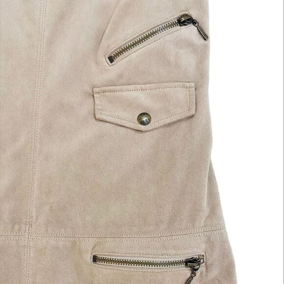 Guess micro suede biege tan sleeveless mini dress lined zippered pockets sz 4 - Picture 7 of 13
